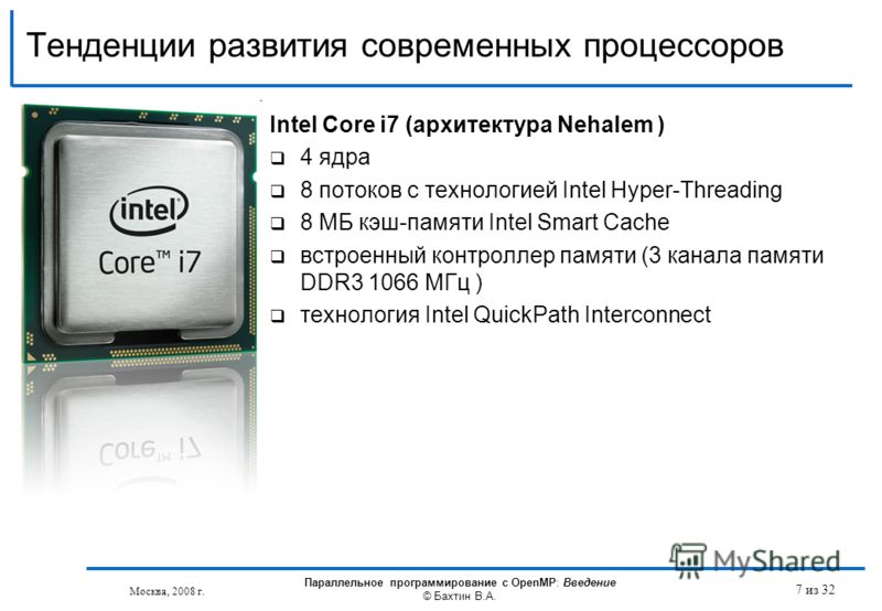 Тенденции развития современных процессоров Intel Core i7 (архитектура Nehalem ) 4 ядра 8 потоков с технологией Intel Hyper-Threading 8 МБ кэш-памяти Intel Smart Cache встроенный контроллер памяти (3 канала памяти DDR3 1066 МГц ) технология Intel Quic