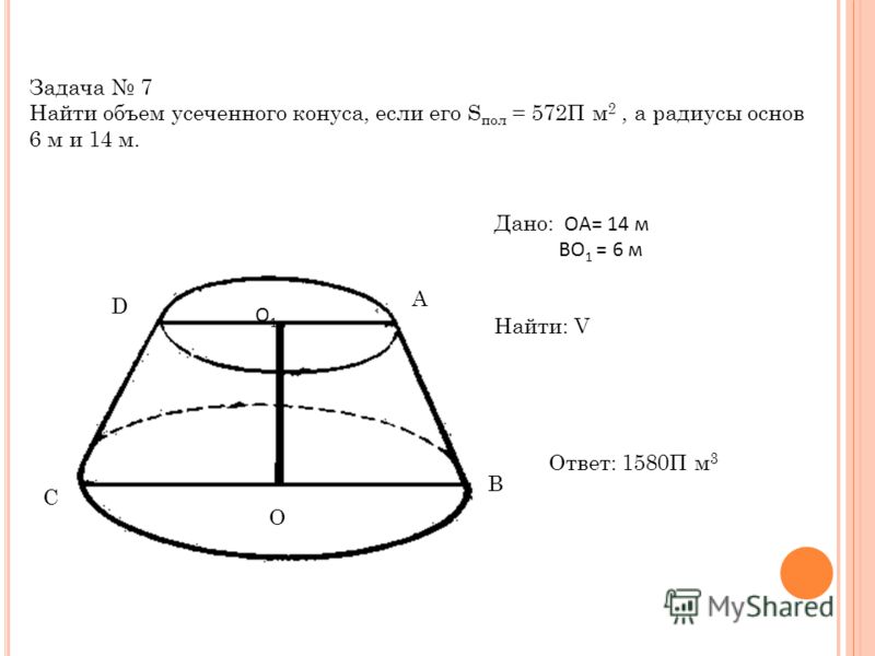 Задача 7 Найти объем усеченного конуса, если его S пол = 572П м 2, а радиусы основ 6 м и 14 м. А B C D O О1О1 Дано: OA= 14 м BО 1 = 6 м Найти: V Ответ: 1580П м 3