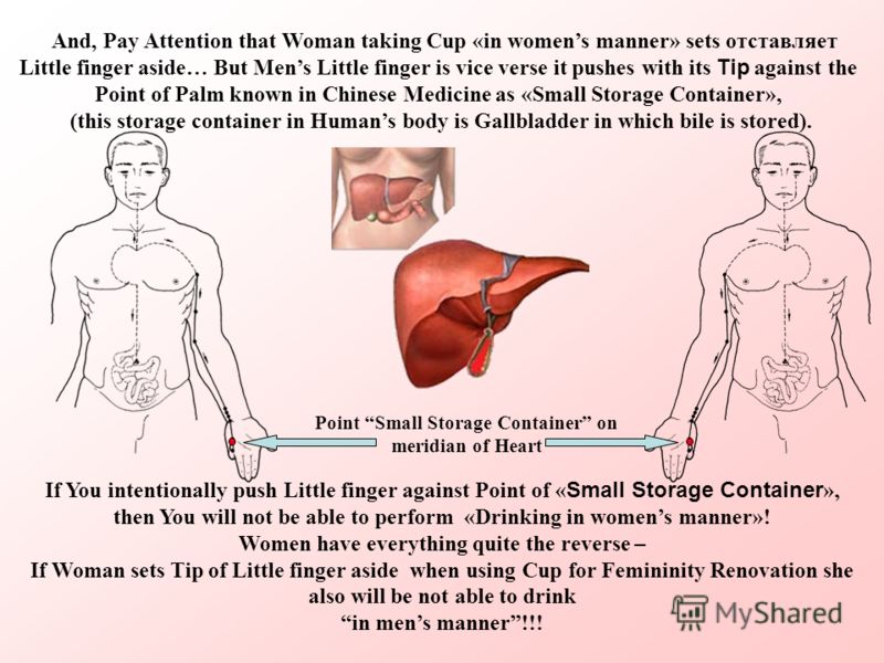 And, Pay Attention that Woman taking Cup «in womens manner» sets отставляет Little finger aside… But Mens Little finger is vice verse it pushes with its Tip against the Point of Palm known in Chinese Medicine as «Small Storage Container», (this stora