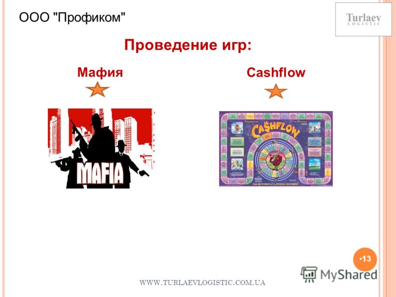 WWW. TURLAEVLOGISTIC. COM. UA 13 ООО Профиком Cashflow Проведение игр: Мафия