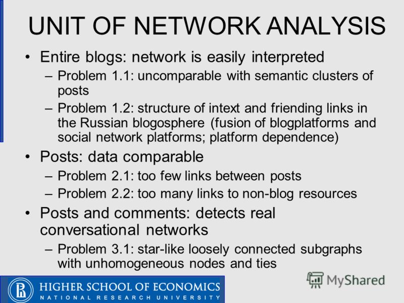 UNIT OF NETWORK ANALYSIS Entire blogs: network is easily interpreted –Problem 1.1: uncomparable with semantic clusters of posts –Problem 1.2: structure of intext and friending links in the Russian blogosphere (fusion of blogplatforms and social netwo