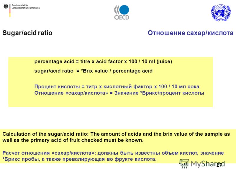 27 Sugar/acid ratio Calculation of the sugar/acid ratio: The amount of acids and the brix value of the sample as well as the primary acid of fruit checked must be known. Расчет отношения «сахар/кислота»: должны быть известны объем кислот, значение °Б