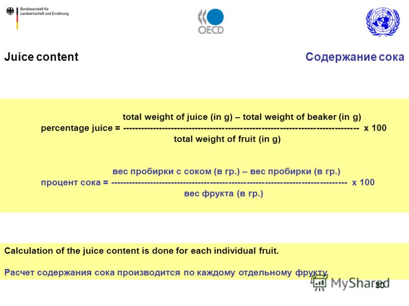 30 Juice content Calculation of the juice content is done for each individual fruit. Расчет содержания сока производится по каждому отдельному фрукту. total weight of juice (in g) – total weight of beaker (in g) percentage juice = -------------------