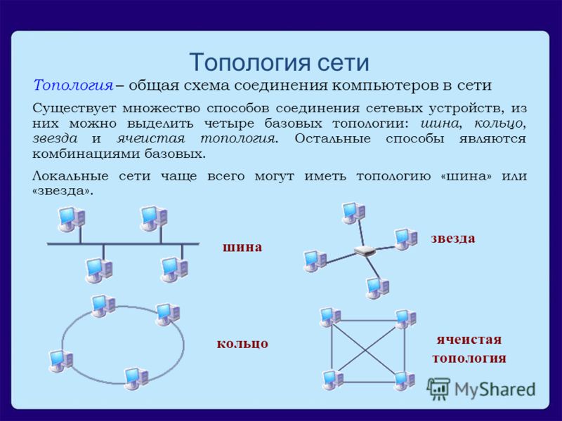 Топология сети Топология – общая схема соединения компьютеров в сети Существует множество способов соединения сетевых устройств, из них можно выделить четыре базовых топологии: шина, кольцо, звезда и ячеистая топология. Остальные способы являются ком