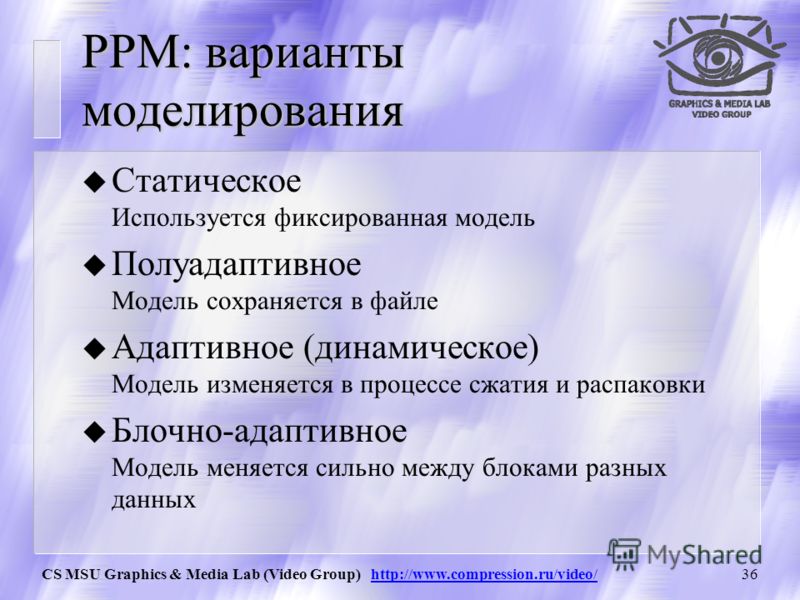 CS MSU Graphics & Media Lab (Video Group) http://www.compression.ru/video/35 PPM: Пример модели 1 Простой пример – модель порядка 1: тогда вероятность следующего символа будет зависеть от предыдущего символа.
