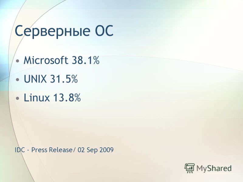 Серверные ОС Microsoft 38.1% UNIX 31.5% Linux 13.8% IDC - Press Release/ 02 Sep 2009