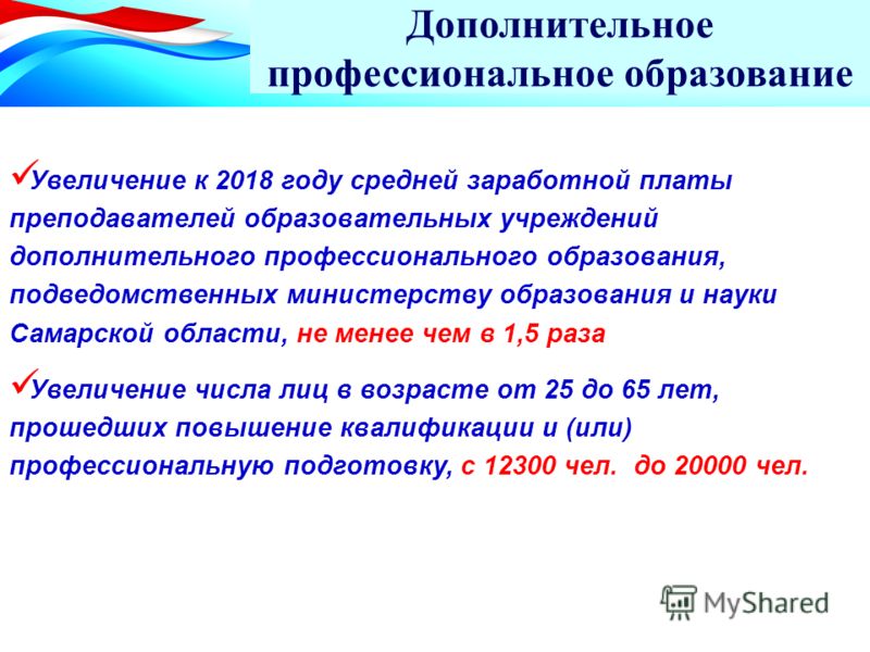 Дополнительное профессиональное образование Увеличение к 2018 году средней заработной платы преподавателей образовательных учреждений дополнительного профессионального образования, подведомственных министерству образования и науки Самарской области, 