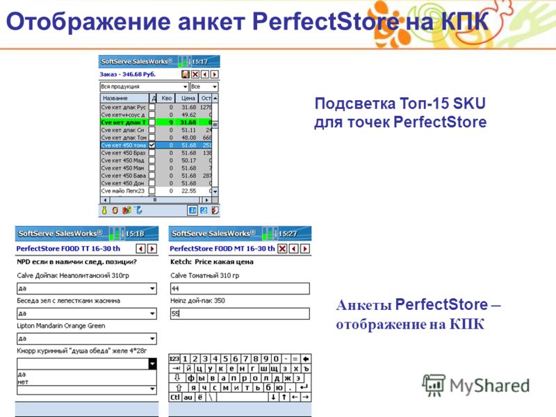 Отображение анкет PerfectStore на КПК Подсветка Топ-15 SKU для точек PerfectStore Анкеты PerfectStore – отображение на КПК