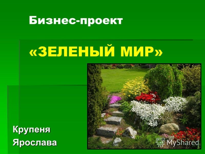 Презентация на тему: "Бизнес-проект «ЗЕЛЕНЫЙ МИР» КрупеняЯрослава. Название проекта Строительство мини-питомника зеленых насаждений для ландшафтного дизайна «Зеленый мир» Строительство.". Скачать бесплатно и без регистрации.
