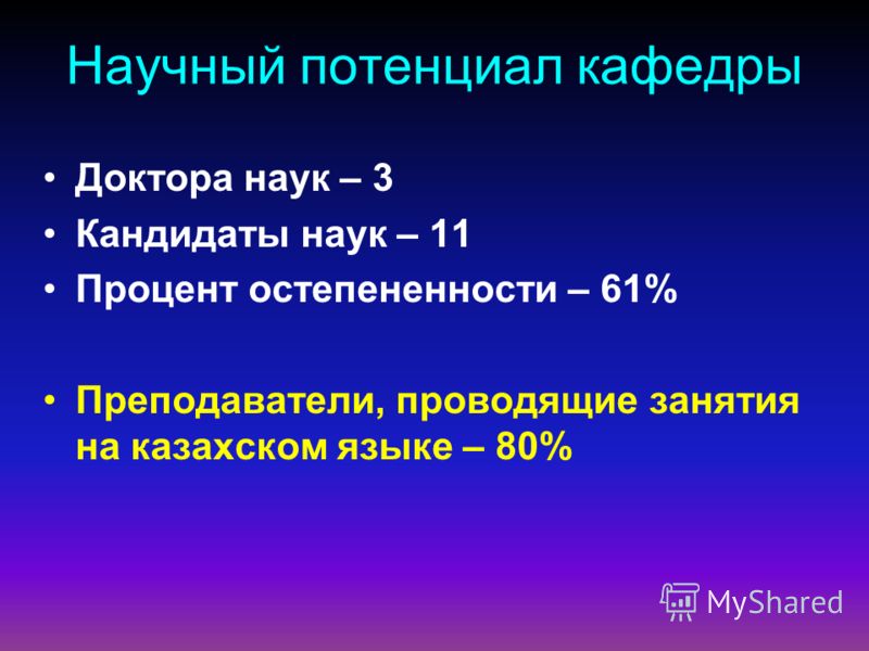 Научный потенциал кафедры Доктора наук – 3 Кандидаты наук – 11 Процент остепененности – 61% Преподаватели, проводящие занятия на казахском языке – 80%