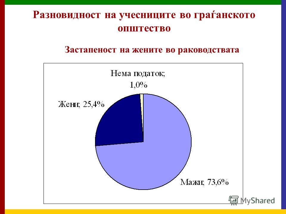 Разновидност на учесниците во граѓанското општество Репрезентативност во однос на етничка припадност: 47% етнички Македонци, 7% етнички Албанци 29% се идентификуваат како мешани Сите социјални групи се претставени во граѓанското општество, но не една