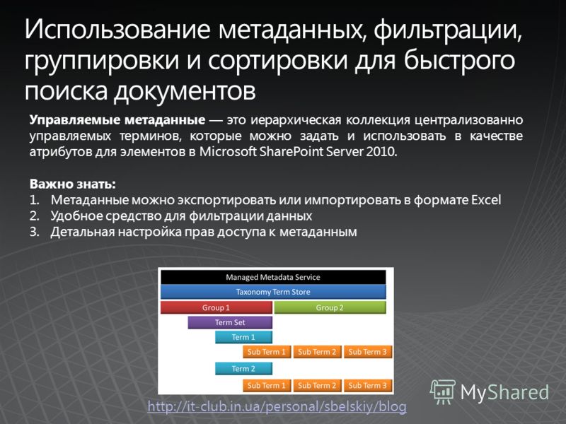 http://it-club.in.ua/personal/sbelskiy/blog Управляемые метаданные это иерархическая коллекция централизованно управляемых терминов, которые можно задать и использовать в качестве атрибутов для элементов в Microsoft SharePoint Server 2010. Важно знат