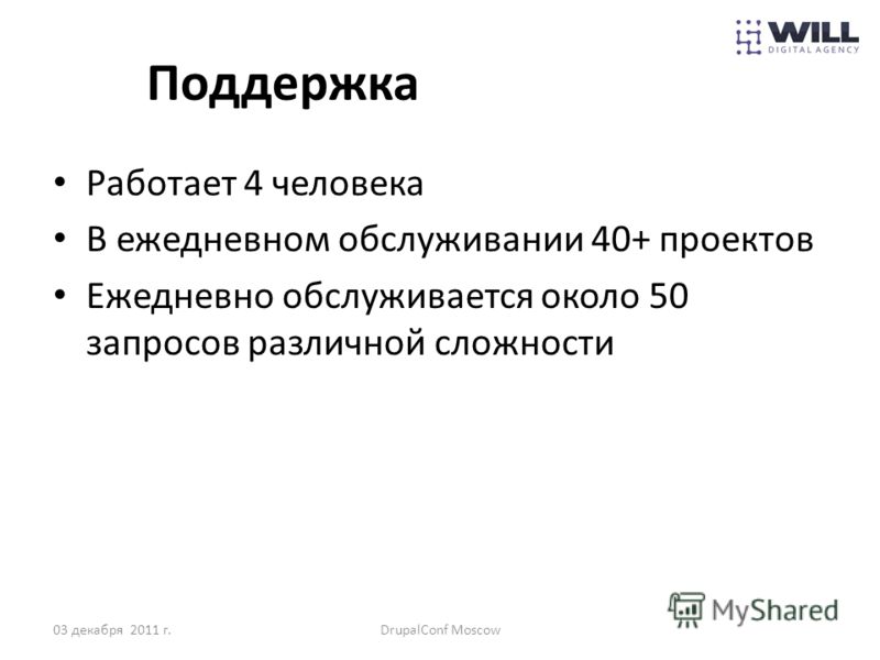 Поддержка Работает 4 человека В ежедневном обслуживании 40+ проектов Ежедневно обслуживается около 50 запросов различной сложности 03 декабря 2011 г.DrupalConf Moscow