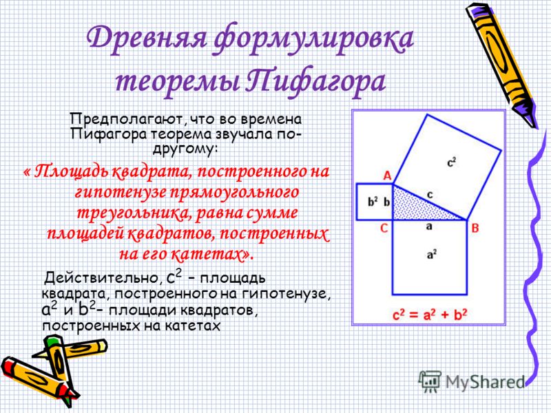 Древняя формулировка теоремы Пифагора Предполагают, что во времена Пифагора теорема звучала по- другому: « Площадь квадрата, построенного на гипотенузе прямоугольного треугольника, равна сумме площадей квадратов, построенных на его катетах». Действит