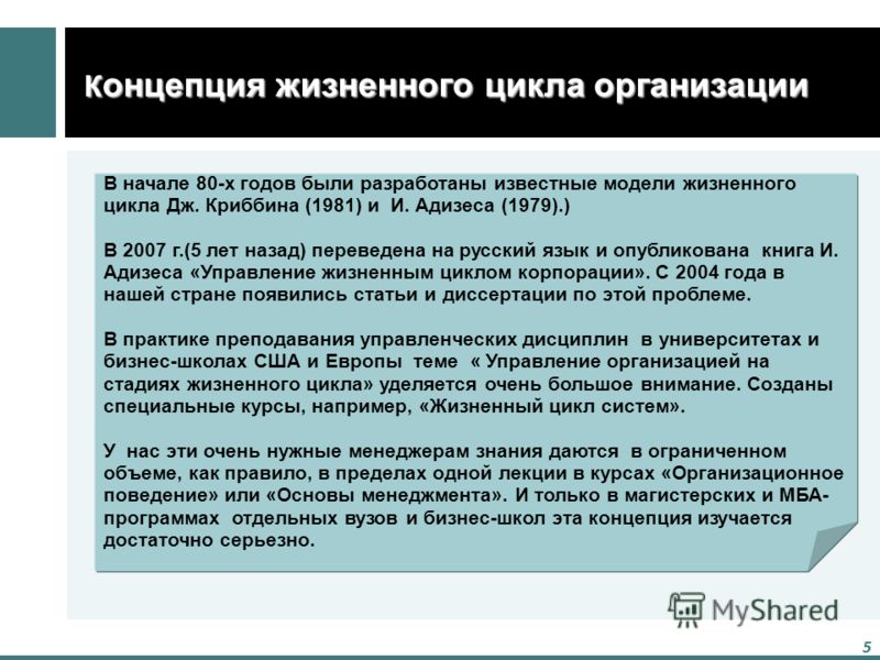 5 5 К онцепция жизненного цикла организации К онцепция жизненного цикла организации В начале 80-х годов были разработаны известные модели жизненного цикла Дж. Криббина (1981) и И. Адизеса (1979).) В 2007 г.(5 лет назад) переведена на русский язык и о