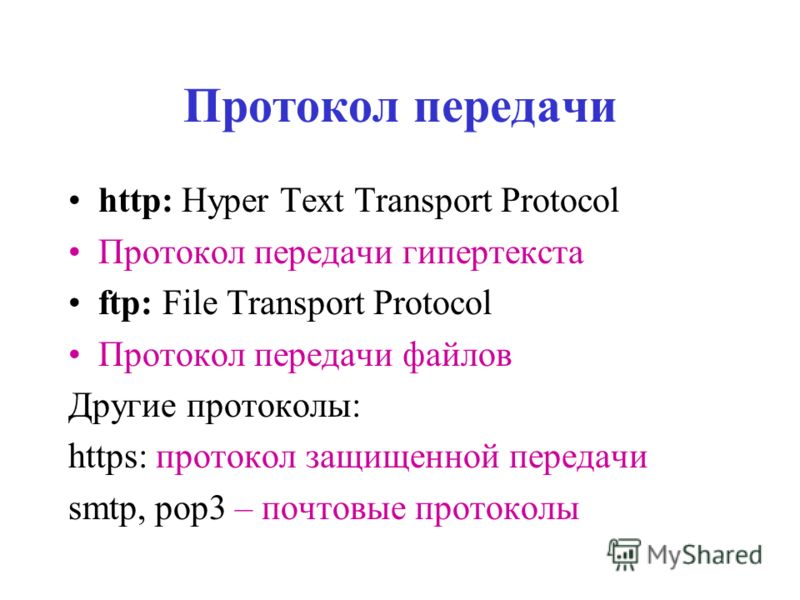 Протокол передачи http: Hyper Text Transport Protocol Протокол передачи гипертекста ftp: File Transport Protocol Протокол передачи файлов Другие протоколы: https: протокол защищенной передачи smtp, pop3 – почтовые протоколы