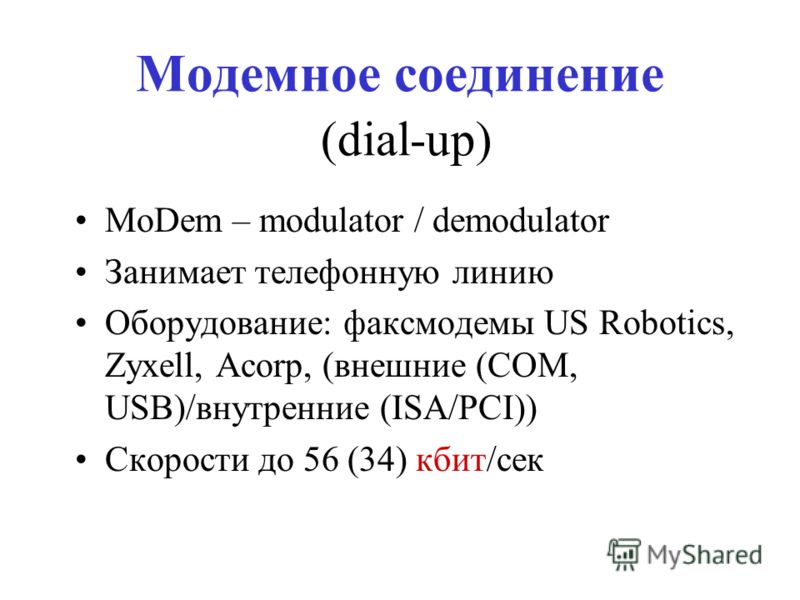 Модемное соединение (dial-up) MoDem – modulator / demodulator Занимает телефонную линию Оборудование: факсмодемы US Robotics, Zyxell, Acorp, (внешние (COM, USB)/внутренние (ISA/PCI)) Скорости до 56 (34) кбит/сек