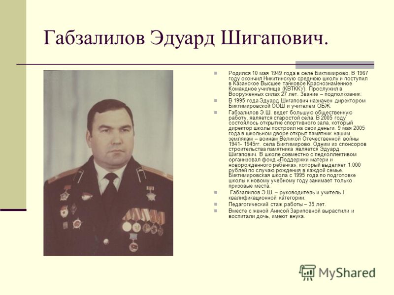 Габзалилов Эдуард Шигапович. Родился 10 мая 1949 года в селе Биктимирово. В 1967 году окончил Никитинскую среднюю школу и поступил в Казанское Высшее танковое Краснознаменное Командное училище (КВТККУ). Прослужил в Вооруженных силах 27 лет. Звание – 