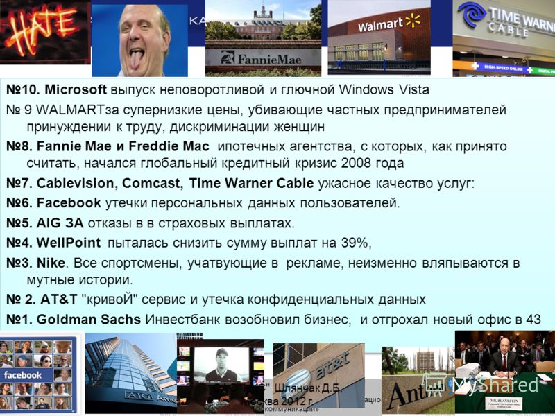9 Группа компаний «Национальные Телекоммуникации» 10. Microsoft выпуск неповоротливой и глючной Windows Vista 9 WALMARTза супернизкие цены, убивающие частных предпринимателей принуждении к труду, дискриминации женщин 8. Fannie Mae и Freddie Mac ипоте
