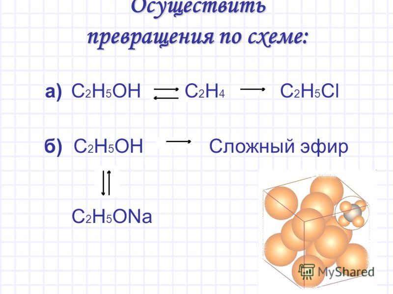 б) C 2 H 5 OH Сложный эфир C 2 H 5 ONa Осуществить превращения по схеме: а) C 2 H 5 OH C 2 H 4 C 2 H 5 Cl