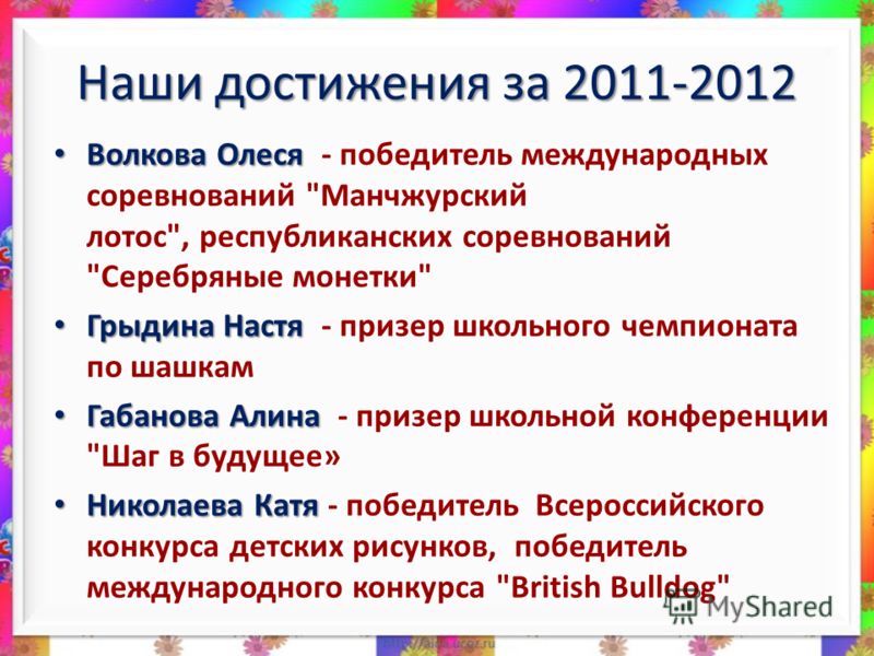 Наши достижения за 2011-2012 Волкова Олеся Волкова Олеся - победитель международных соревнований 