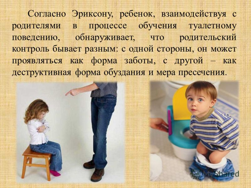 Согласно Эриксону, ребенок, взаимодействуя с родителями в процессе обучения туалетному поведению, обнаруживает, что родительский контроль бывает разным: с одной стороны, он может проявляться как форма заботы, с другой – как деструктивная форма обузда