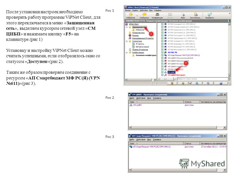 Рис 1 Рис 2 После установки настроек необходимо проверить работу программы ViPNet Client, для этого переключаемся в меню «Защищенная сеть», выделяем курсором сетевой узел «СМ ЦИБП» и нажимаем кнопку «F5» на клавиатуре.(рис 1) Установку и настройку Vi