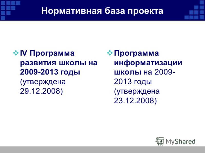 Нормативная база проекта IV Программа развития школы на 2009-2013 годы (утверждена 29.12.2008) Программа информатизации школы на 2009- 2013 годы (утверждена 23.12.2008)