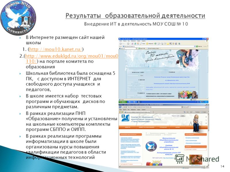 В Интернете размещен сайт нашей школы 1. (http://mou10.kanet.ru/)http://mou10.kanet.ru/ 2.(http://www.eduklgd.ru/org/mou01/mou0 110/) на портале комитета по образованияhttp://www.eduklgd.ru/org/mou01/mou0 110/ Школьная библиотека была оснащена 5 ПК, 