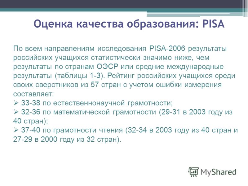 Оценка качества образования: PISA По всем направлениям исследования PISA-2006 результаты российских учащихся статистически значимо ниже, чем результаты по странам ОЭСР или средние международные результаты (таблицы 1-3). Рейтинг российских учащихся ср