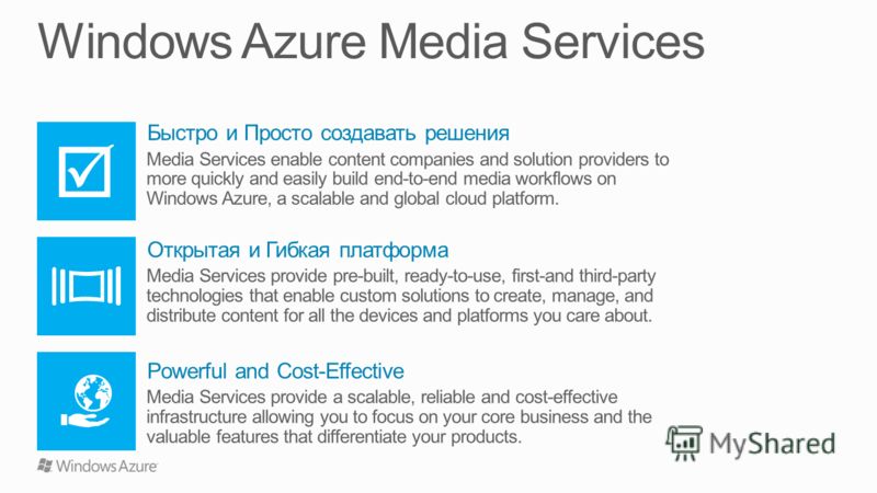Быстро и Просто создавать решения Media Services enable content companies and solution providers to more quickly and easily build end-to-end media workflows on Windows Azure, a scalable and global cloud platform. Открытая и Гибкая платформа Media Ser