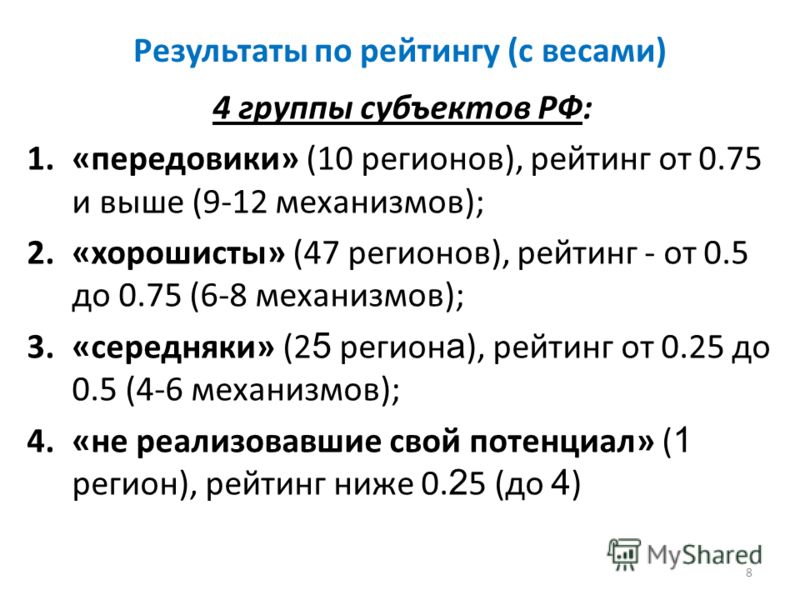 Результаты по рейтингу (с весами) 4 группы субъектов РФ: 1.«передовики» (10 регионов), рейтинг от 0.75 и выше (9-12 механизмов); 2.«хорошисты» (47 регионов), рейтинг - от 0.5 до 0.75 (6-8 механизмов); 3.«середняки» (2 5 регион а ), рейтинг от 0.25 до