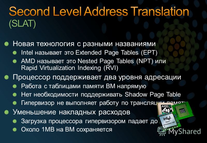 Новая технология с разными названиями Intel называет это Extended Page Tables (EPT) AMD называет это Nested Page Tables (NPT) или Rapid Virtualization Indexing (RVI) Процессор поддерживает два уровня адресации Работа с таблицами памяти ВМ напрямую Не