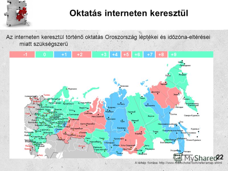 Oktatás interneten keresztül Az interneten keresztül történő oktatás Oroszország léptékei és időzóna-eltérései miatt szükségszerű A térkép forrása: http://www.rostovhotel.com/refer/amap.shtml 22