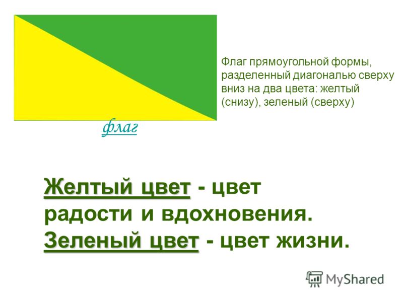 флаг Флаг прямоугольной формы, разделенный диагональю сверху вниз на два цвета: желтый (снизу), зеленый (сверху) Желтый цвет Зеленый цвет Желтый цвет - цвет радости и вдохновения. Зеленый цвет - цвет жизни.