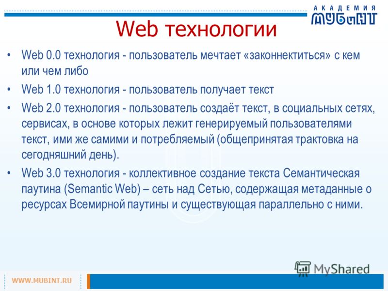 WWW.MUBINT.RU Web технологии Web 0.0 технология - пользователь мечтает «законнектиться» с кем или чем либо Web 1.0 технология - пользователь получает текст Web 2.0 технология - пользователь создаёт текст, в социальных сетях, сервисах, в основе которы