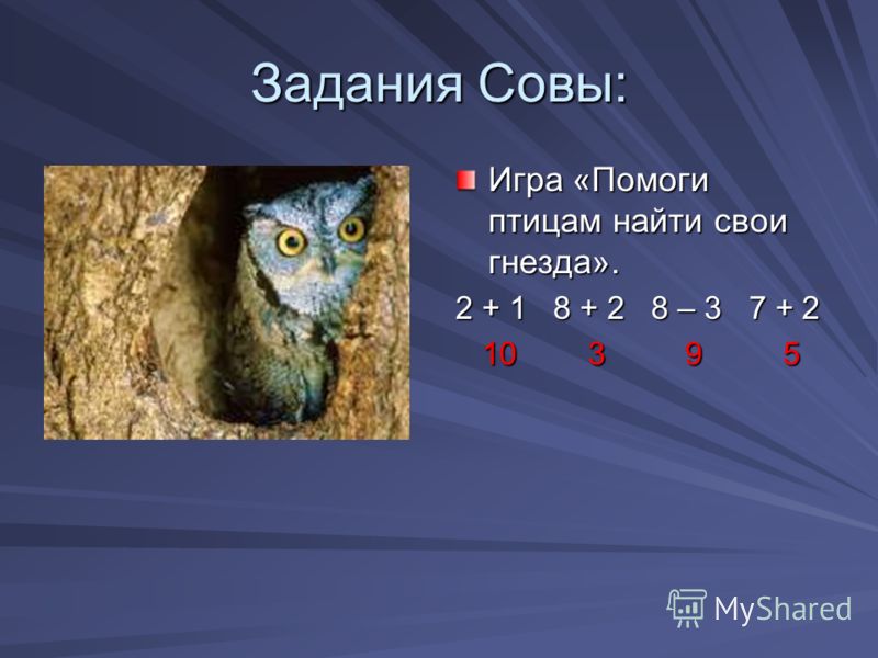 Задания Совы: Игра «Помоги птицам найти свои гнезда». 2 + 1 8 + 2 8 – 3 7 + 2 10 3 9 5 10 3 9 5