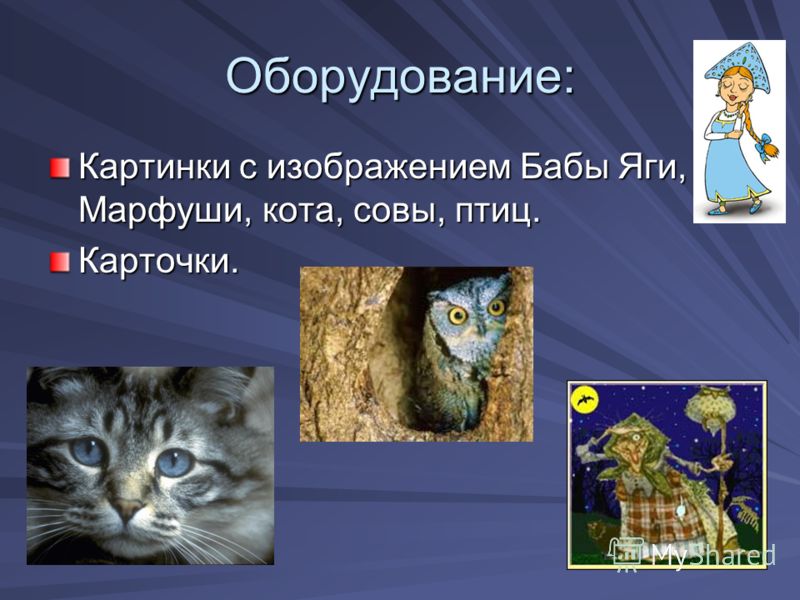 Оборудование: Картинки с изображением Бабы Яги, Марфуши, кота, совы, птиц. Карточки.