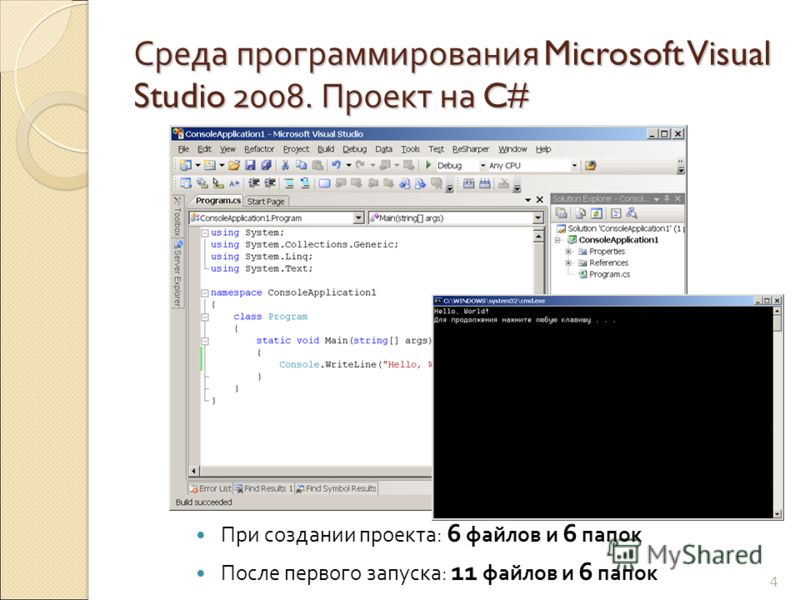 Среда программирования Microsoft Visual Studio 2008. Проект на C# При создании проекта: 6 файлов и 6 папок После первого запуска: 11 файлов и 6 папок 4