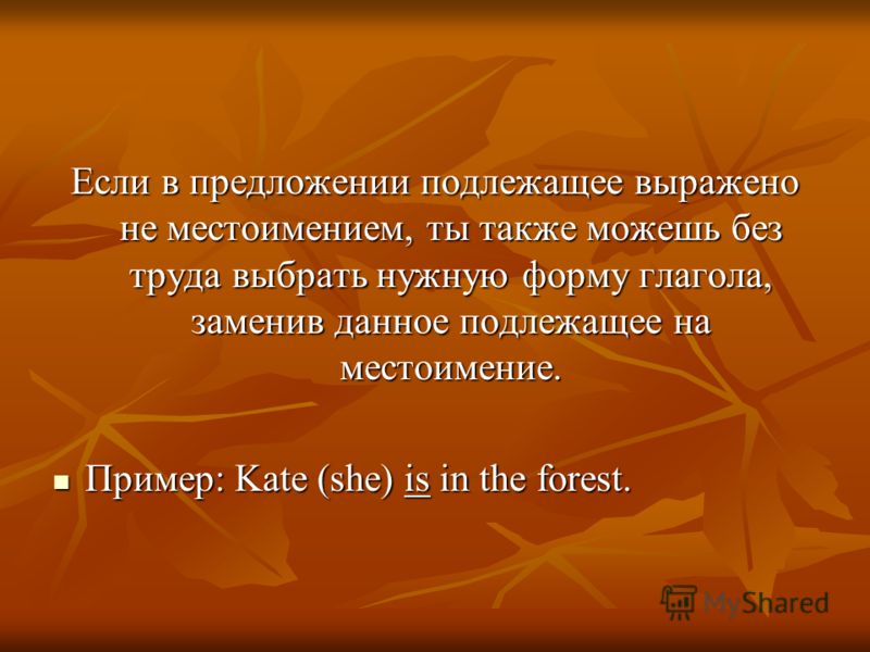 Если в предложении подлежащее выражено не местоимением, ты также можешь без труда выбрать нужную форму глагола, заменив данное подлежащее на местоимение. Пример: Kate (she) is in the forest. Пример: Kate (she) is in the forest.