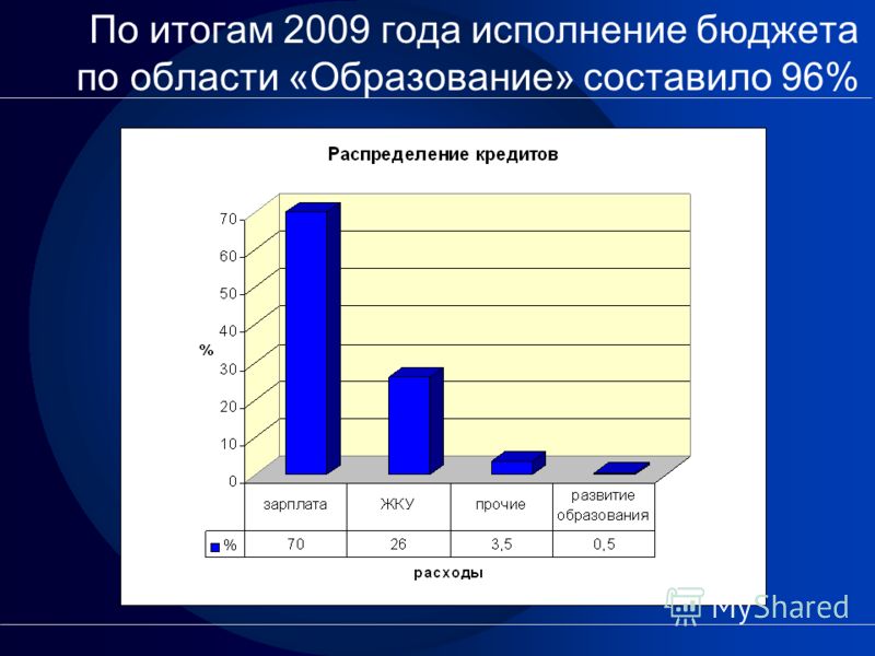По итогам 2009 года исполнение бюджета по области «Образование» составило 96%