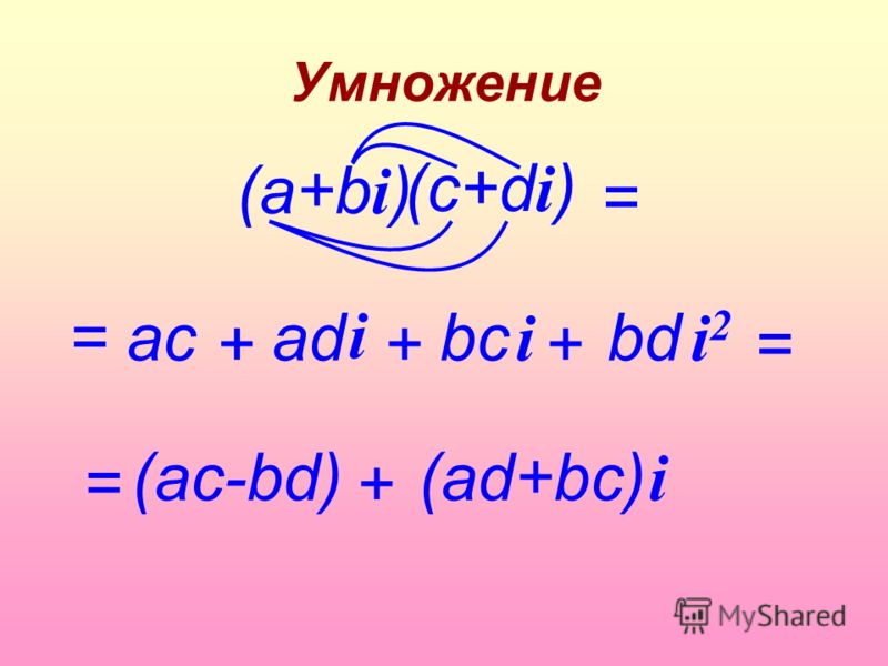 Умножение (c+d i ) = acbсbс i = +++ аdаdbd (а+b i ) i = = (ac-bd) + (аd+bc) i i2i2