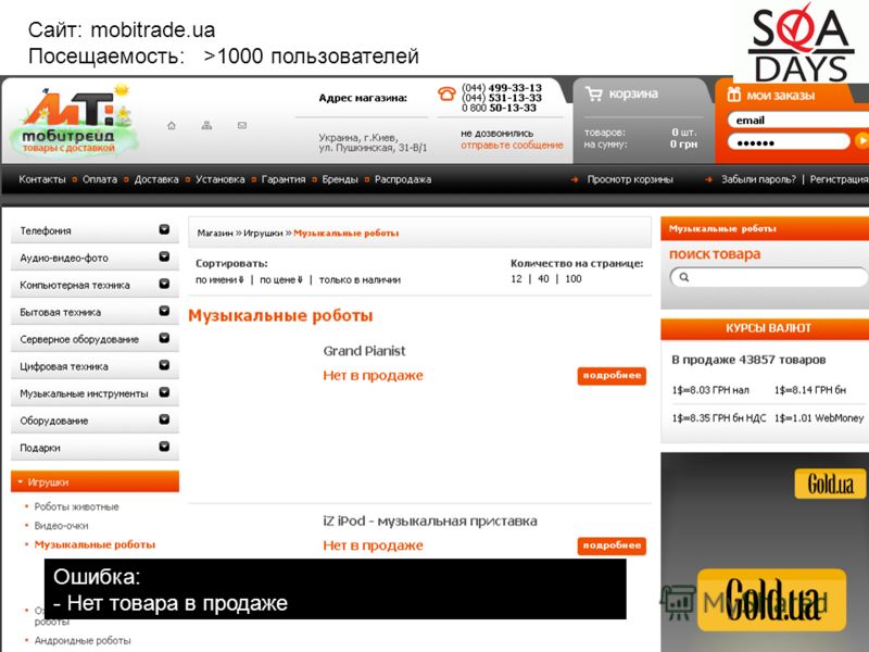 Сайт: mobitrade.ua Посещаемость: >1000 пользователей Ошибка: - Нет товара в продаже