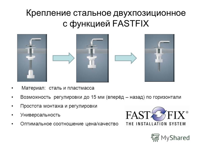 Крепление стальное двухпозиционное с функцией FASTFIX Материал: сталь и пластмасса Возможность регулировки до 15 мм (вперёд – назад) по горизонтали Простота монтажа и регулировки Универсальность Оптимальное соотношение цена/качество