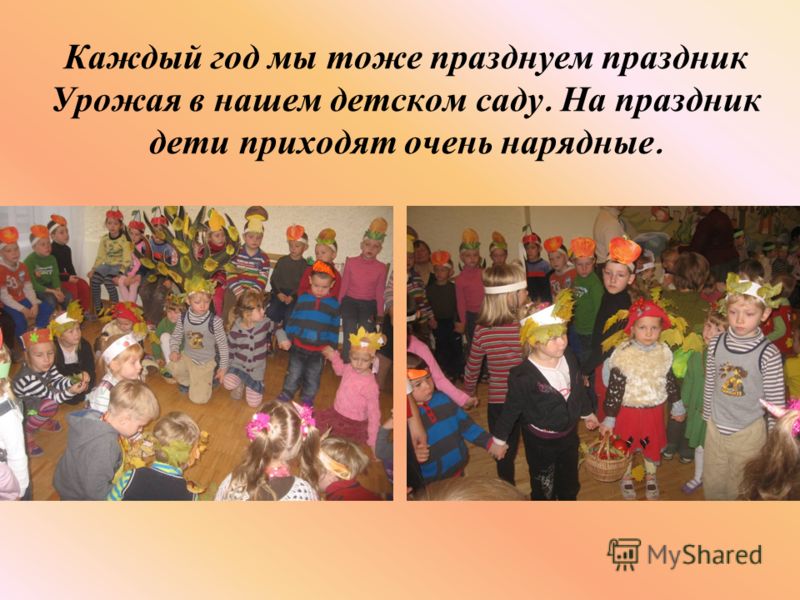 Каждый год мы тоже празднуем праздник Урожая в нашем детском саду. На праздник дети приходят очень нарядные.
