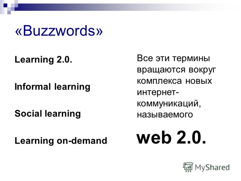 «Buzzwords» Learning 2.0. Informal learning Social learning Learning on-demand web 2.0. Все эти термины вращаются вокруг комплекса новых интернет- коммуникаций, называемого