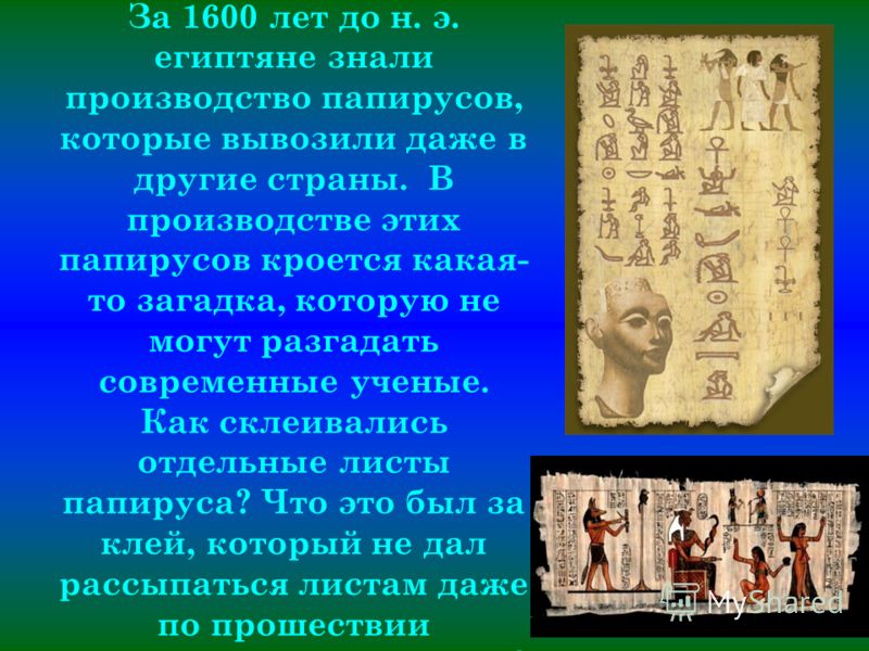 За 1600 лет до н. э. египтяне знали производство папирусов, которые вывозили даже в другие страны. В производстве этих папирусов кроется какая- то загадка, которую не могут разгадать современные ученые. Как склеивались отдельные листы папируса? Что э