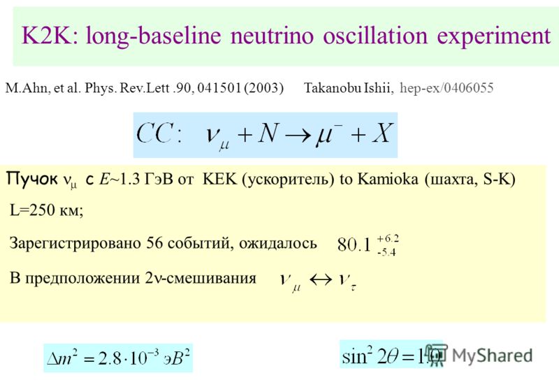 K2K: long-baseline neutrino oscillation experiment Пучок с E~1.3 ГэВ от KEK (ускоритель) to Kamioka (шахта, S-K) L=250 км; Зарегистрировано 56 событий, ожидалось В предположении 2 -смешивания M.Ahn, et al. Phys. Rev.Lett.90, 041501 (2003)Takanobu Ish