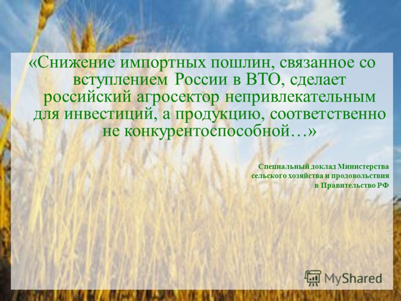 «Снижение импортных пошлин, связанное со вступлением России в ВТО, сделает российский агросектор непривлекательным для инвестиций, а продукцию, соответственно не конкурентоспособной…» Специальный доклад Министерства сельского хозяйства и продовольств