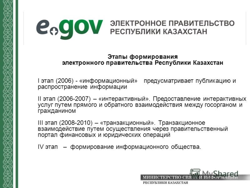 Этапы формирования электронного правительства Республики Казахстан I этап (2006) - «информационный» предусматривает публикацию и распространение информации II этап (2006-2007) – «интерактивный». Предоставление интерактивных услуг путем прямого и обра